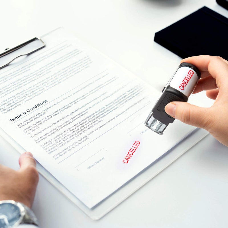 invera Self Inking Rubber Stamp  Refillable Red Ink Preinstalled - (9/16"" x 1-1/2"") (Cancelled) - Image 5
